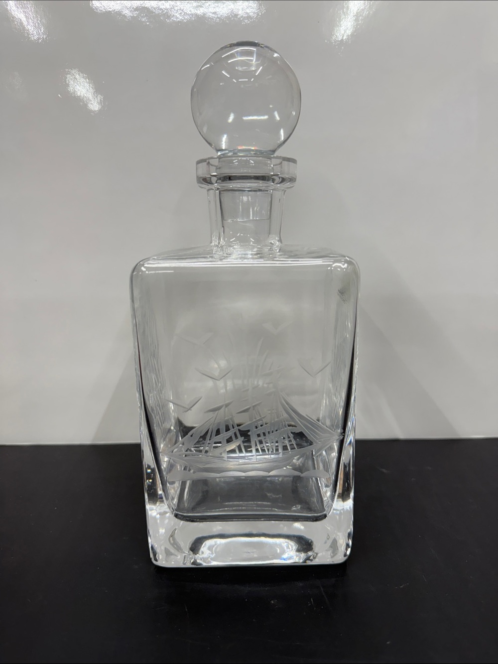 Gorgeous Boat Etched Glass Square Decanter with Round Stopper